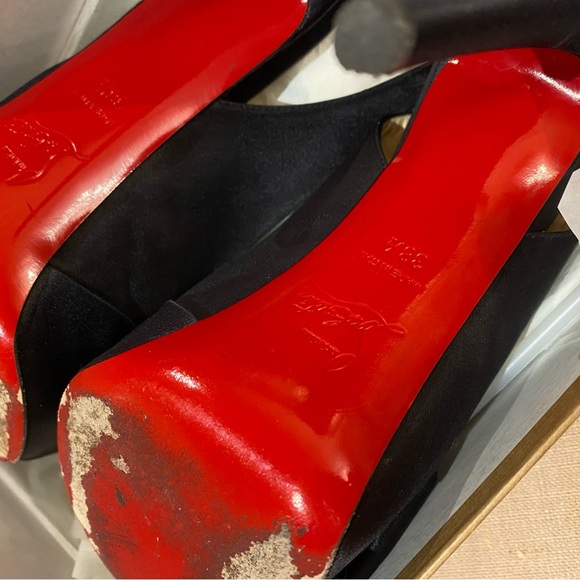 💯 Authentic Christian Louboutin black satin Bow Slingback Platform heel 38.5 - Picture 7 of 9